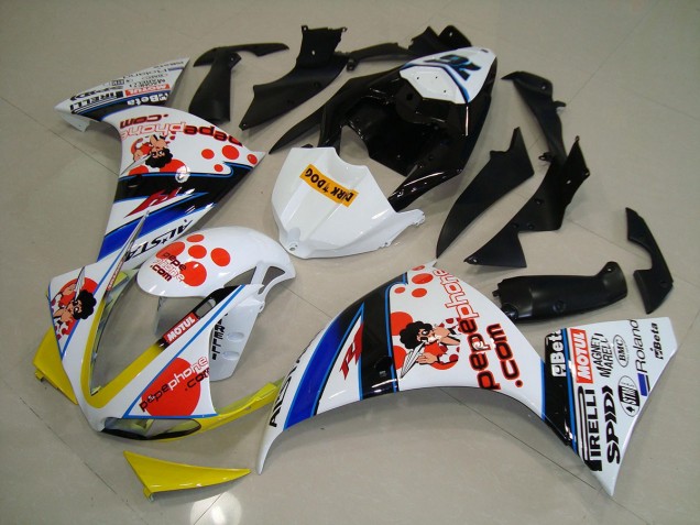 Carenado Moto R1 2012-2014 - Blanco Negro Pepe Phone