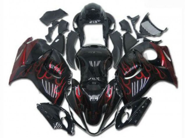 Mejores Carenados Moto Suzuki GSXR 1300 Hayabusa 2008-2020 - Negro Brillante Rojo Llama