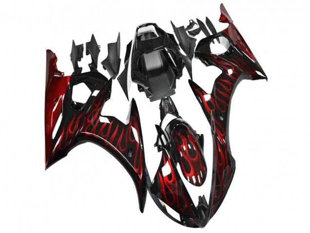 Mejores Carenado Moto Yamaha YZF R6 2003-2004 - Negro Brillante Rojo Llama