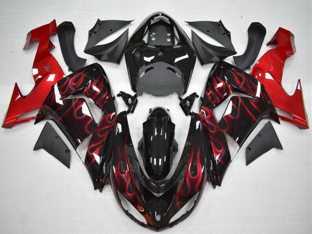 Mejores Carenado Moto Kawasaki ZX10R 2006-2007 - Negro Brillante Rojo Llama