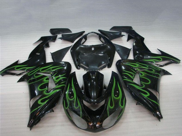 Mejores Carenados Moto Kawasaki ZX10R 2006-2007 - Negro Brillante Verde Llama