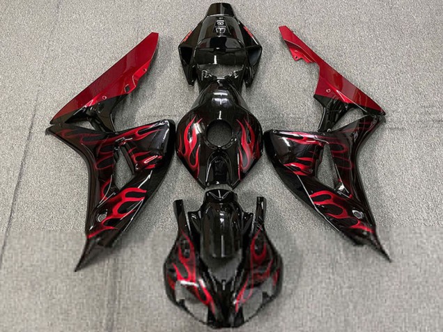 Mejores Carenados Moto Honda CBR1000RR 2006-2007 - Negro Brillante Rojo Llama