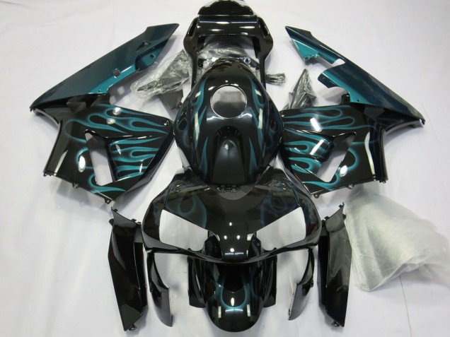 Mejores Carenados Moto Honda CBR600RR 2003-2004 - Negro Brillante Verde Llama