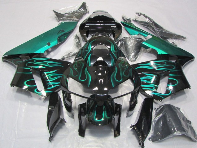 Mejores Carenados Moto Honda CBR600RR 2005-2006 - Negro Brillante Azul Verdoso Llama