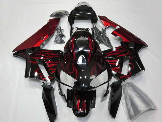 Mejores Carenados Moto Honda CBR600RR 2003-2004 - Negro Brillante Rojo Llama