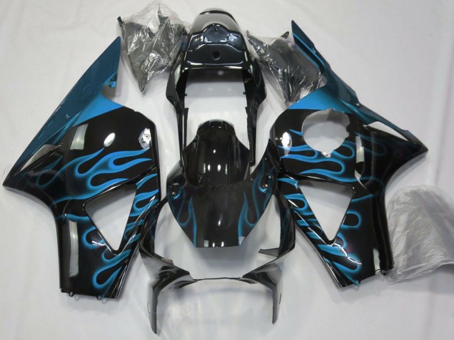Mejores Carenados Moto Honda CBR954RR 2002-2003 - Negro Brillante Azul Claro Llama