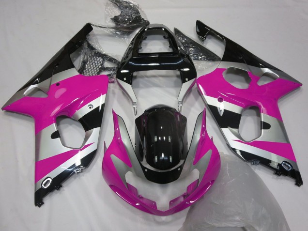 Mejores Carenados Moto Suzuki GSXR 1000 2000-2002 - Rosa Plata Negro Brillante OEM Estilo