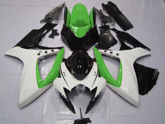 Mejores Carenados Moto Suzuki GSXR 600 / GSXR 750 2006-2007 - Verde Blanco Negro Brillante Estrella