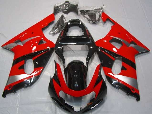 Mejores Carenados Moto Suzuki GSXR 600 / GSXR 750 2001-2003 - Rojo Plata Negro Brillante OEM Estilo