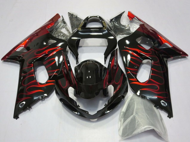 Mejores Carenados Moto Suzuki GSXR 600 / GSXR 750 2001-2003 - Negro Brillante Rojo Llama