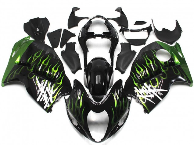 Mejores Carenados Moto Suzuki GSXR 1300 1996-2007 - Negro Brillante Verde Profundo Llama