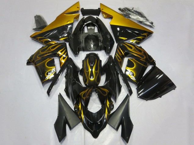 Mejores Carenados Moto Kawasaki ZX10R 2004-2005 - Negro Brillante Oro Llama