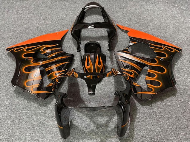 Mejores Carenados Moto Kawasaki ZX6R 2000-2002 - Negro Brillante Naranja Llama