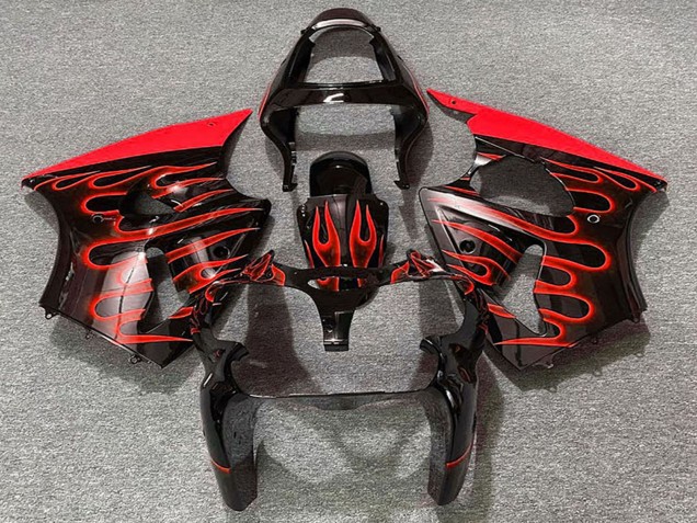 Mejores Carenados Moto Kawasaki ZX6R 2000-2002 - Negro Brillante Rojo Llama