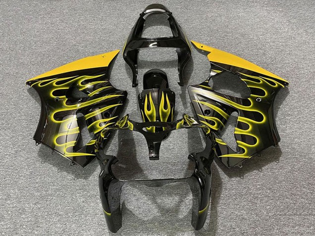 Mejores Carenados Moto Kawasaki ZX6R 2000-2002 - Negro Brillante Amarillo Llama