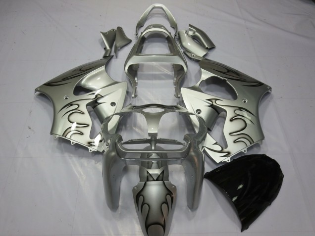 Mejores Carenados Moto Kawasaki ZX6R 2000-2002 - Plata Negro Llama