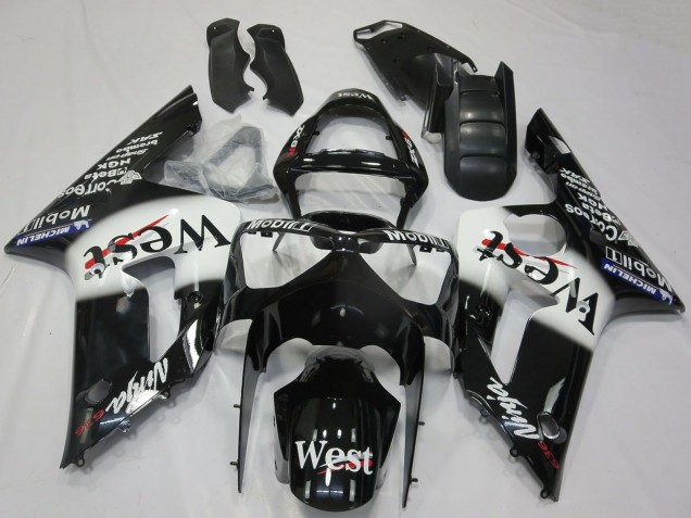 Mejores Carenados Moto Kawasaki ZX6R 2003-2004 - Negro Brillante Blanco West