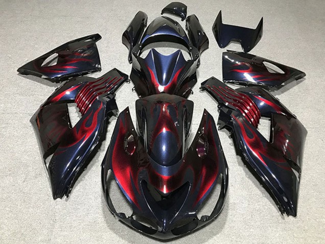 Mejores Carenados Moto Kawasaki ZX14R 2006-2011 - Camaleón Azul Negro Rojo Llama