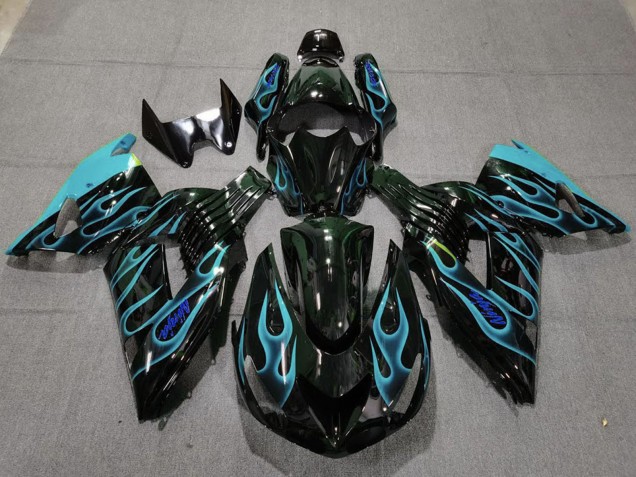 Mejores Carenados Moto Kawasaki ZX14R 2006-2011 - Negro Brillante Azul Claro Llama