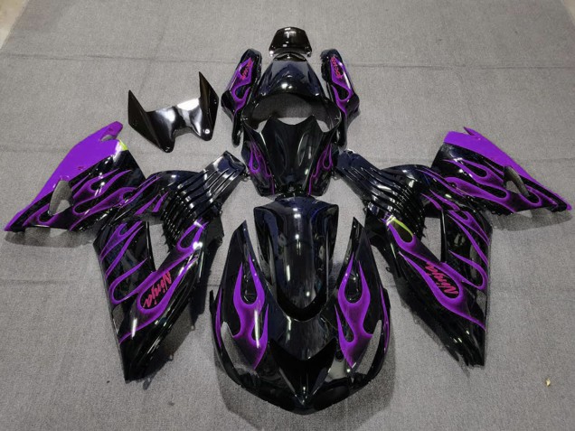 Mejores Carenados Moto Kawasaki ZX14R 2006-2011 - Negro Brillante Púrpura Llama