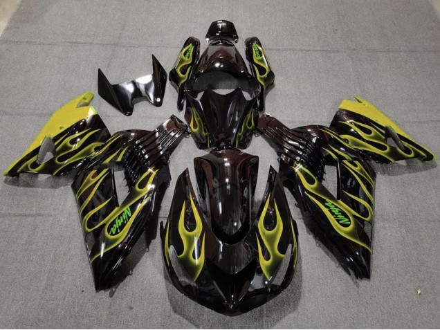 Mejores Carenados Moto Kawasaki ZX14R 2006-2011 - Negro Brillante Amarillo Llama