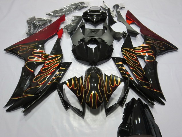 Mejores Carenados Moto Yamaha R6 2008-2016 - Rojo Negro Brillante Oro Llama