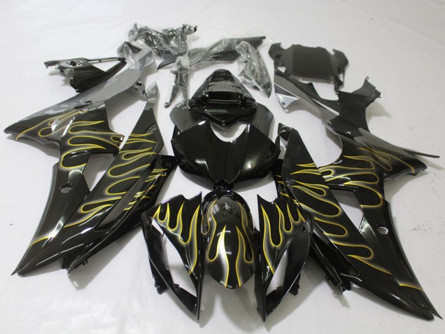 Mejores Carenados Moto Yamaha R6 2008-2016 - Negro Brillante Oro Llama