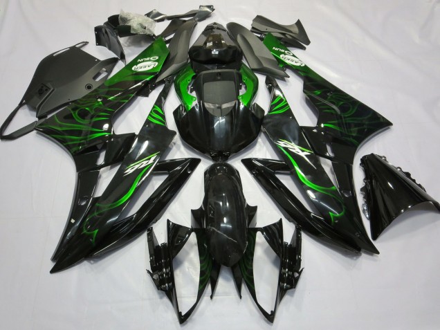 Mejores Carenados Moto Yamaha R6 2006-2007 - Negro Brillante Verde Llama
