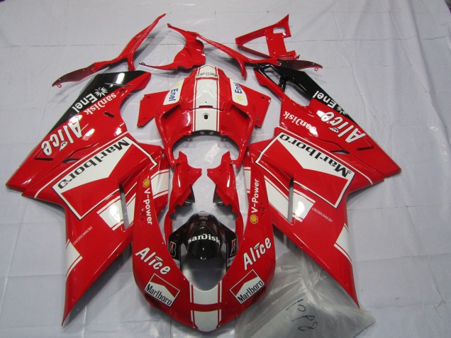 Mejores Carenados Moto Ducati 848 1098 1198 2007-2014 - Blanco Rojo Negro Brillante Marlboro Alice