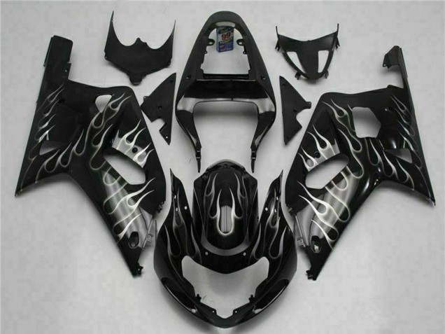 Mejores Carenados Moto Suzuki GSXR 600/750 2001-2003 - Negro Brillante Plata Llama