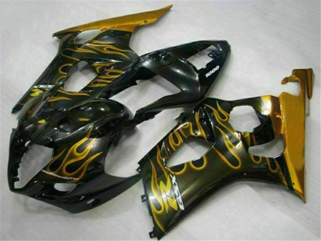 Mejores Carenados Moto Suzuki GSXR 1000 2003-2004 - Negro Brillante Oro Llama