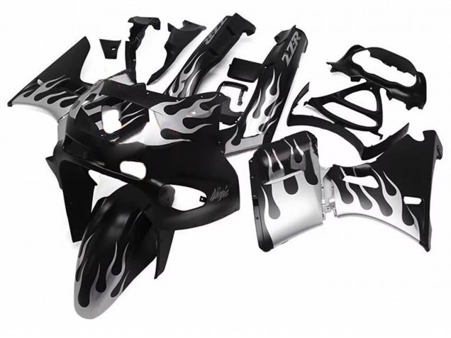 Mejores Carenados Moto Kawasaki ZZR600 1998-2003 - Negro Brillante Plata Llama