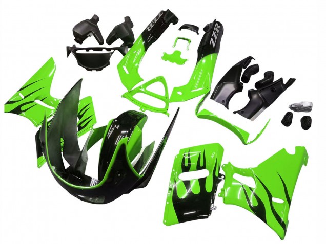 Mejores Carenados Moto Kawasaki ZZR600 1998-2003 - Verde Negro Brillante Llama