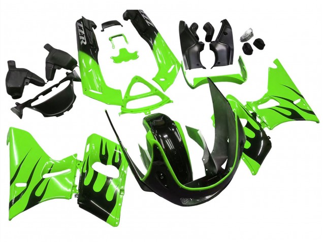 Mejores Carenados Moto Kawasaki ZZR600 1998-2003 - Verde Negro Brillante Llama