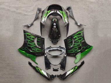 Mejores Carenados Moto Kawasaki ZZR1100 1993-2003 - Negro Brillante Verde Llama