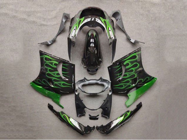 Mejores Carenados Moto Kawasaki ZZR1100 1993-2003 - Negro Brillante Verde Llama