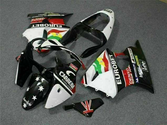 Mejores Carenados Moto Kawasaki ZX6R 2000-2002 - Blanco Rojo Amarillo Verde Negro Brillante Estrella EuroBet