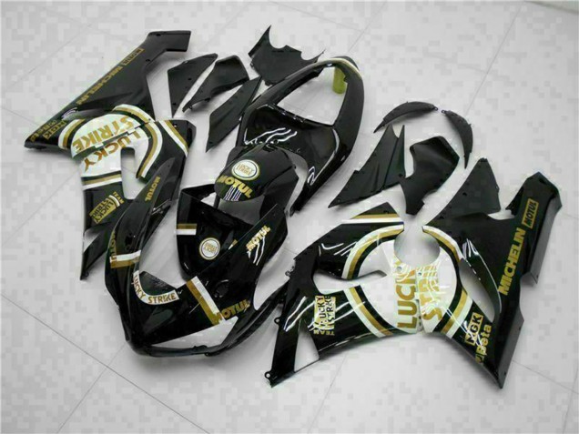 Mejores Carenados Moto Kawasaki ZX6R 2005-2006 - Negro Brillante Blanco Oro Lucky Strike