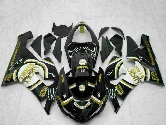 Mejores Carenados Moto Kawasaki ZX6R 2005-2006 - Negro Brillante Blanco Oro Lucky Strike