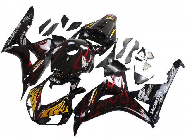Mejores Carenados Moto Honda CBR1000RR 2006-2007 - Negro Brillante Amarillo Rojo Llama