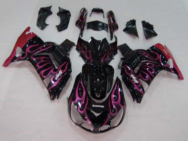 Mejores Carenados Moto Kawasaki ZX14R ZZR1400 2006-2011 - Negro Brillante Rojo Rosa Llama