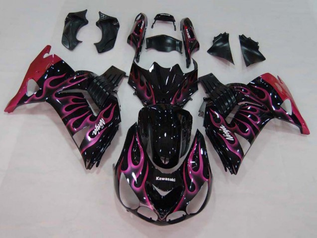 Mejores Carenados Moto Kawasaki ZX14R ZZR1400 2006-2011 - Negro Brillante Rojo Rosa Llama