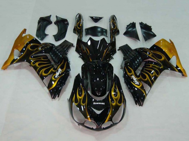 Mejores Carenados Moto Kawasaki ZX14R ZZR1400 2006-2011 - Negro Brillante Oro Llama