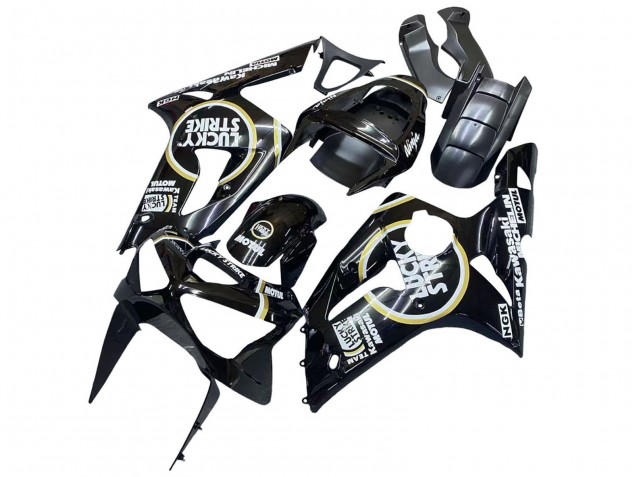 Mejores Carenados Moto Kawasaki ZX6R 2003-2004 - Negro Brillante Blanco Motul Lucky Strike