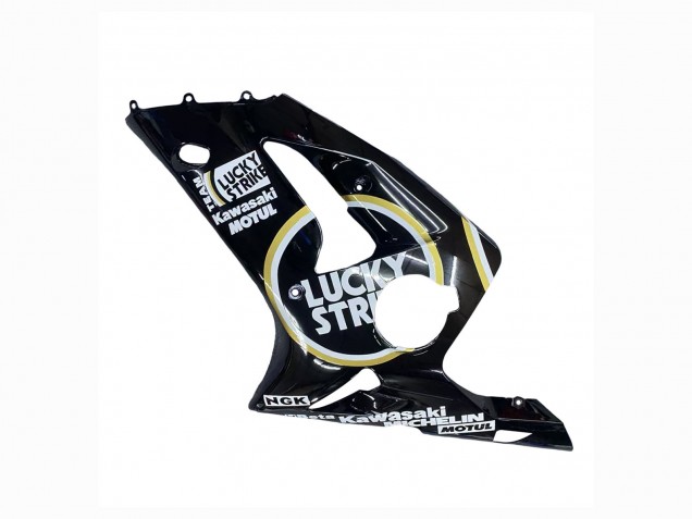 Mejores Carenados Moto Kawasaki ZX6R 2003-2004 - Negro Brillante Blanco Motul Lucky Strike