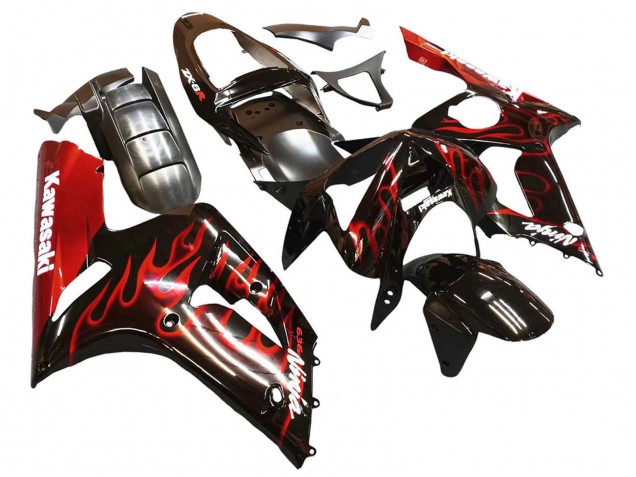 Mejores Carenados Moto Kawasaki ZX6R 2003-2004 - Negro Brillante Rojo Llama