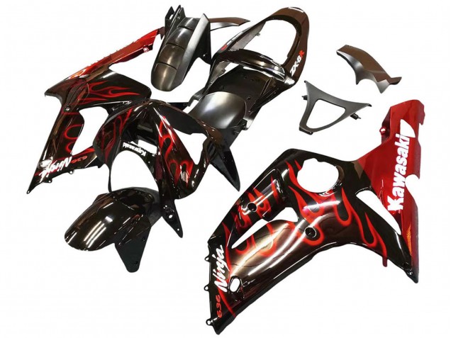 Mejores Carenados Moto Kawasaki ZX6R 2003-2004 - Negro Brillante Rojo Llama