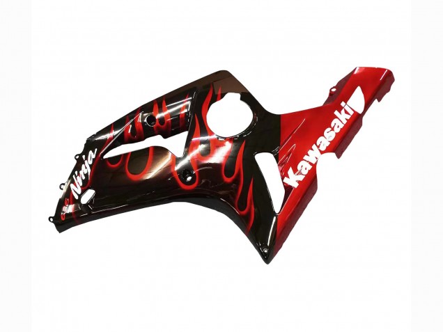 Mejores Carenados Moto Kawasaki ZX6R 2003-2004 - Negro Brillante Rojo Llama