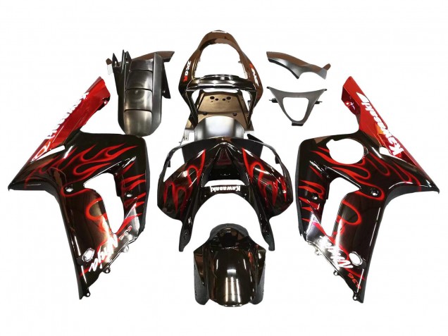 Mejores Carenados Moto Kawasaki ZX6R 2003-2004 - Negro Brillante Rojo Llama