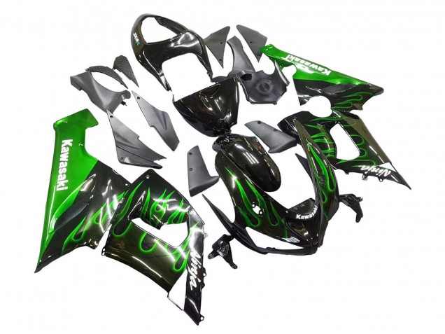 Mejores Carenado Moto Kawasaki ZX6R 2005-2006 - Negro Brillante Verde Llama